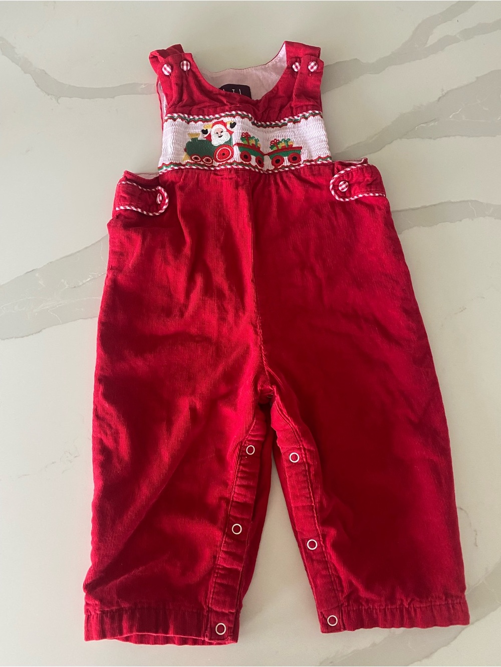 Lil Cactus smocked Corduroy Embroidered Santa Train embroidered Overalls 18-24M